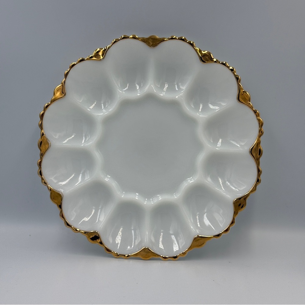 Vintage Anchor Hocking White Milk Glass Deviled Egg Dish Plate Platter Gold Rim